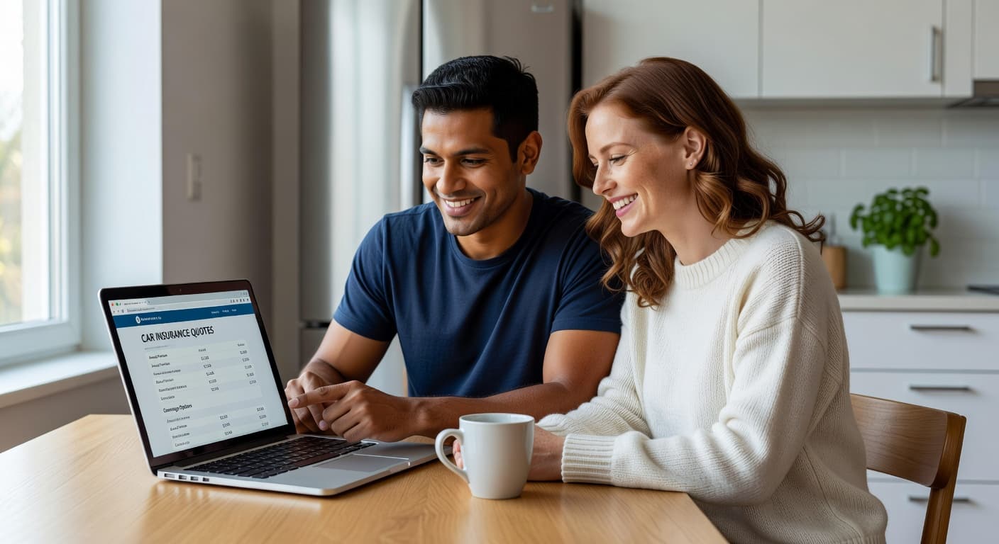 Couple comparing car insurance quotes together on laptop