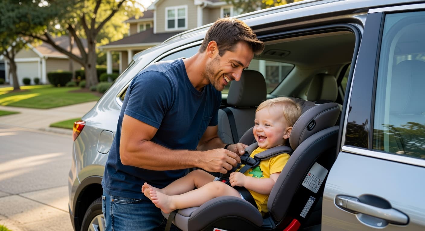 Father securing toddler in car seat — protect what matters
