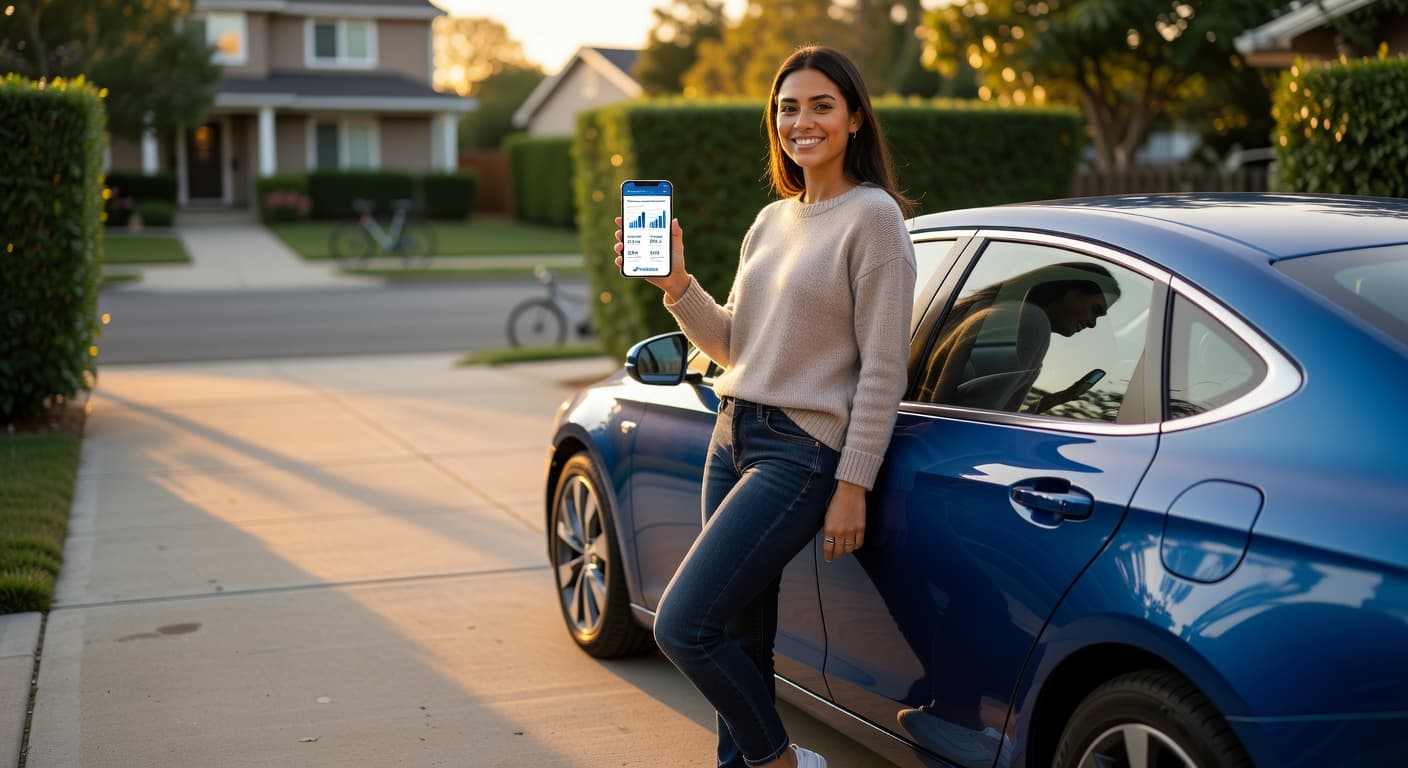 Woman comparing car insurance rates on her phone next to her car