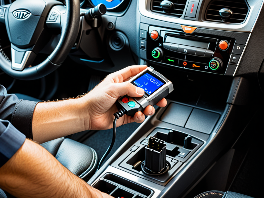 Close-up photo of a telematics OBD-II device being plugged into a car's dashboard port by a driver's hand, with smartpho
