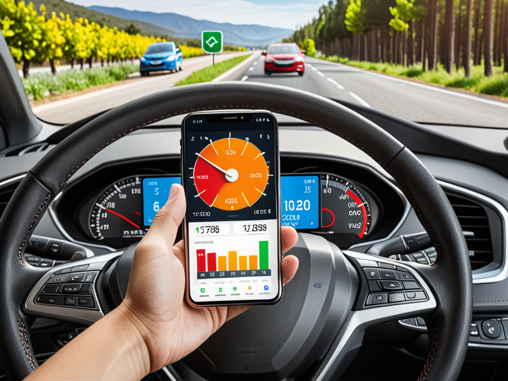 Split-screen comparison showing a modern smartphone displaying a driving score app dashboard with high safety rating on