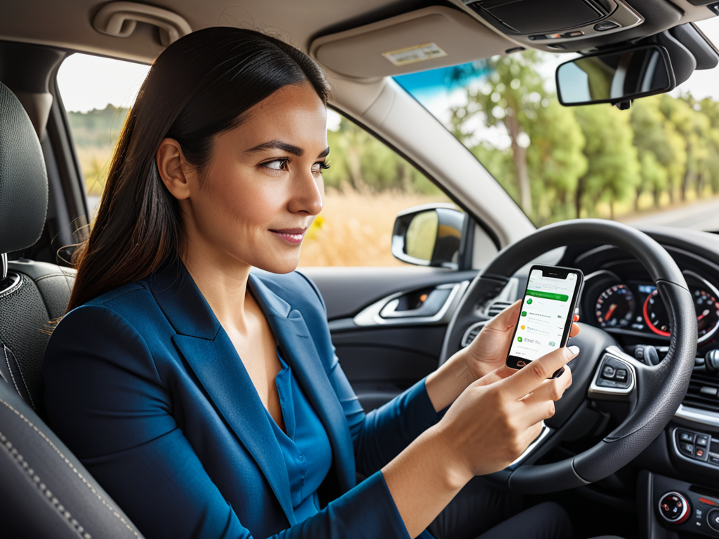 Woman in her 30s sitting in driver's seat of modern car looking at smartphone showing car insurance app with driving sco